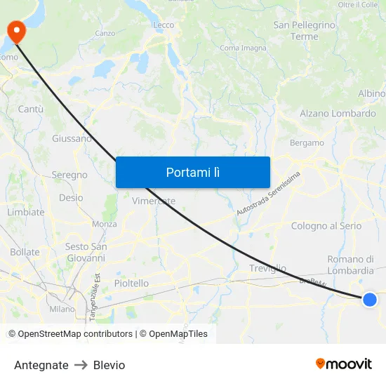 Antegnate to Blevio map