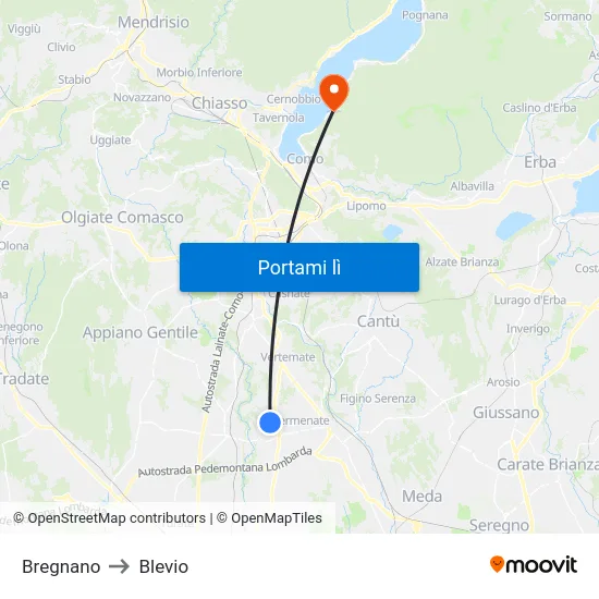 Bregnano to Blevio map