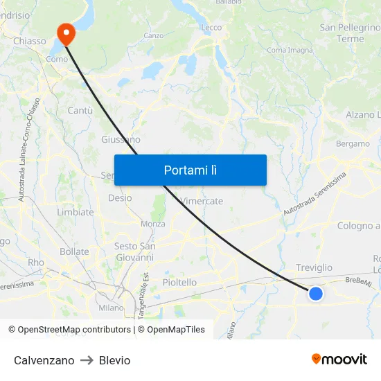 Calvenzano to Blevio map