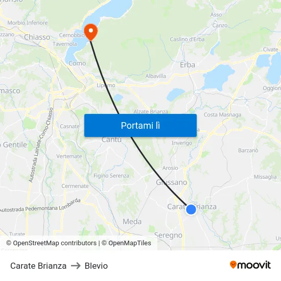 Carate Brianza to Blevio map