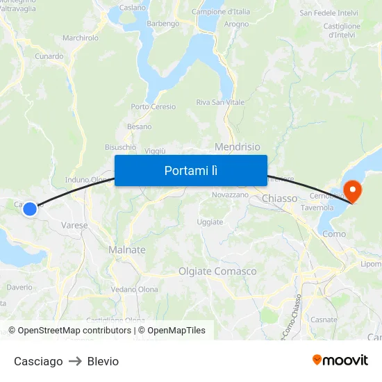 Casciago to Blevio map