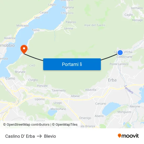 Caslino D' Erba to Blevio map