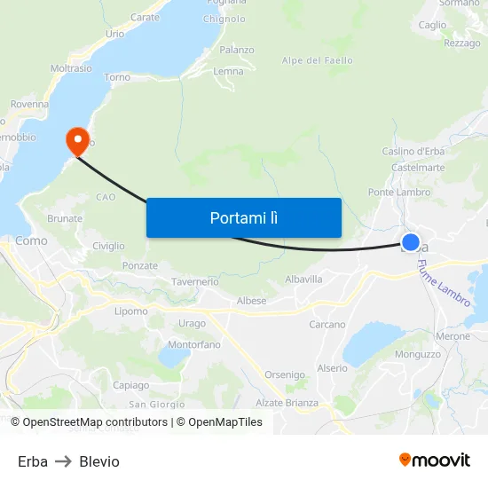 Erba to Blevio map
