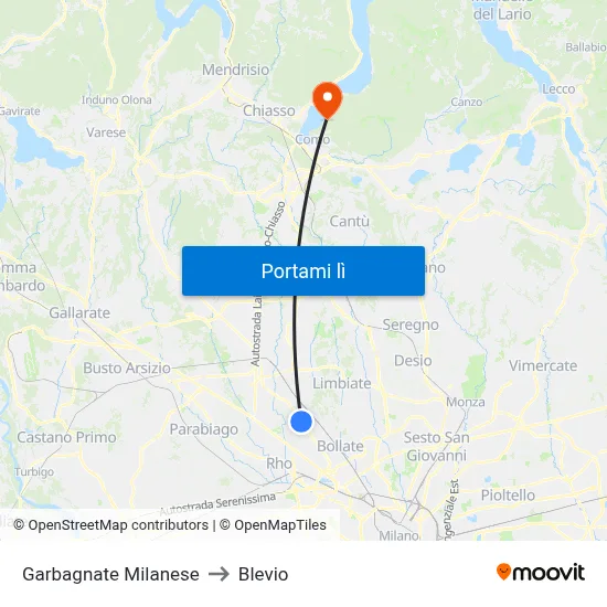 Garbagnate Milanese to Blevio map