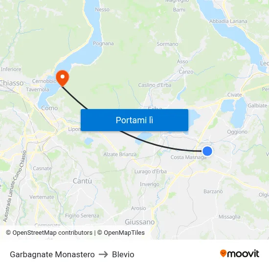 Garbagnate Monastero to Blevio map