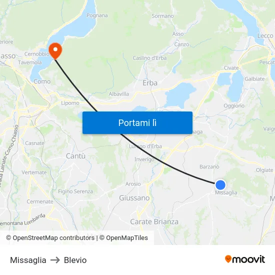 Missaglia to Blevio map