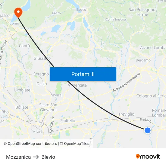 Mozzanica to Blevio map