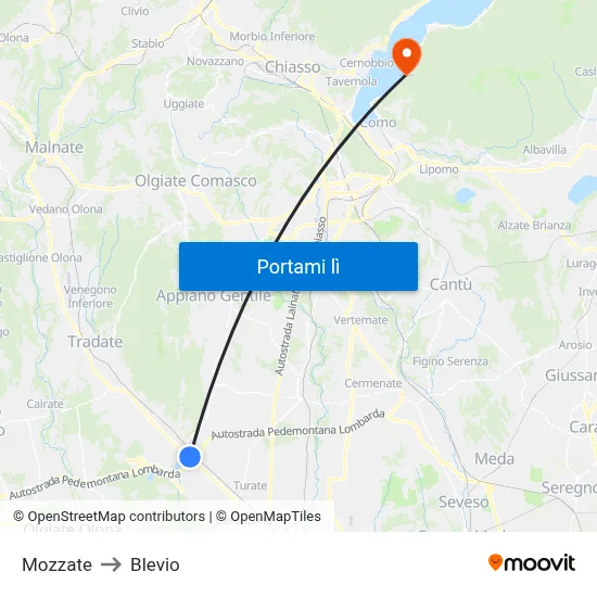 Mozzate to Blevio map