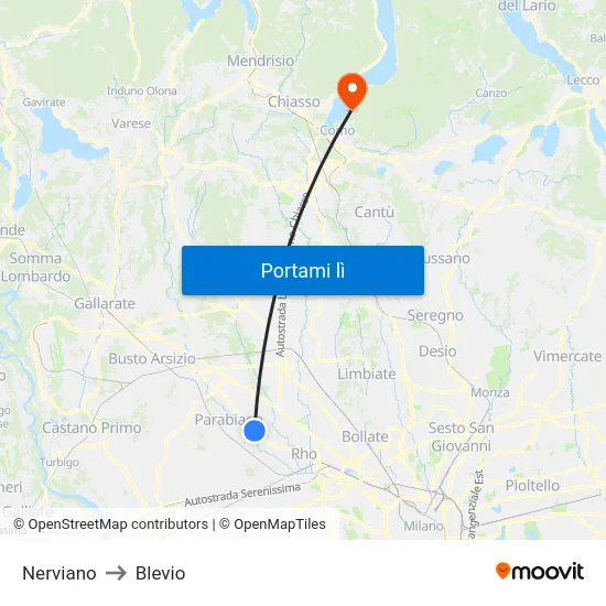 Nerviano to Blevio map