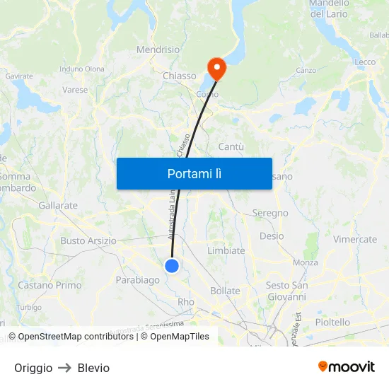 Origgio to Blevio map