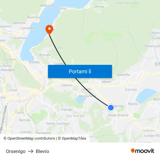 Orsenigo to Blevio map