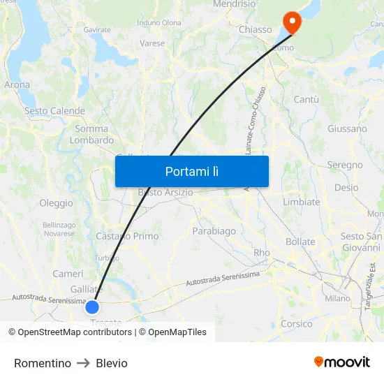 Romentino to Blevio map