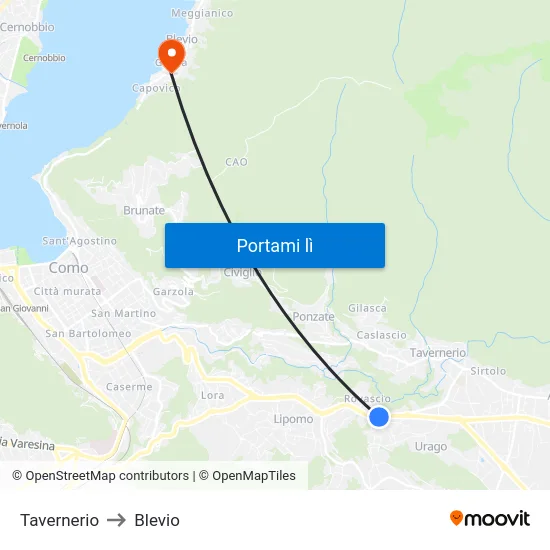 Tavernerio to Blevio map
