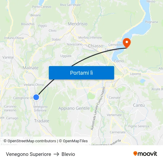 Venegono Superiore to Blevio map
