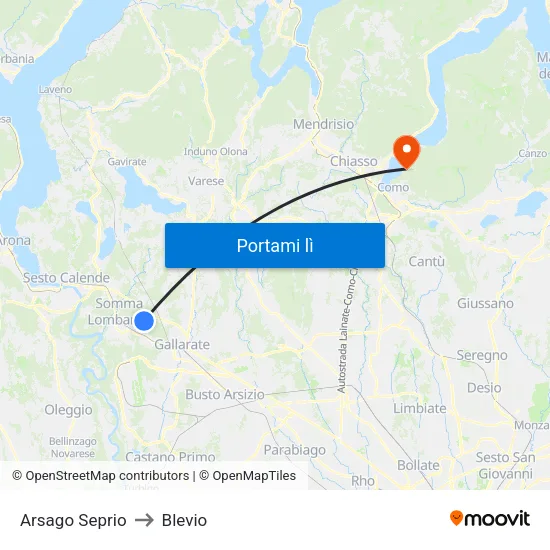 Arsago Seprio to Blevio map
