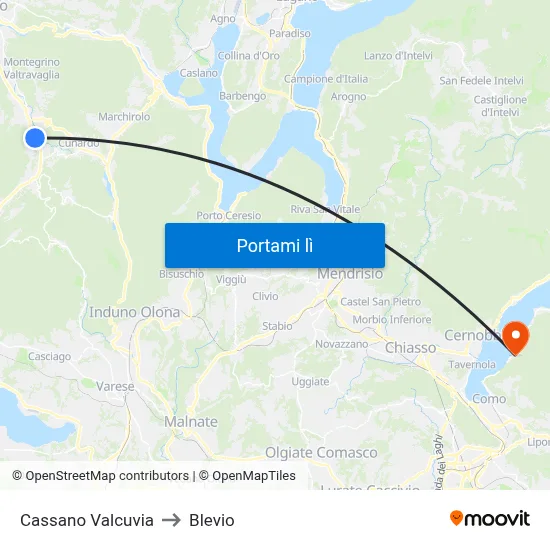 Cassano Valcuvia to Blevio map