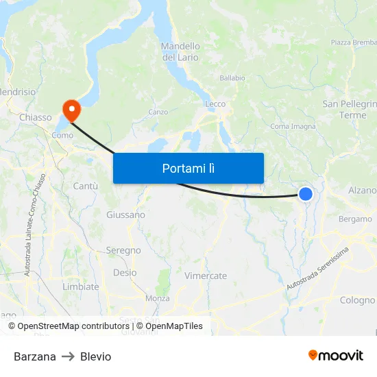 Barzana to Blevio map