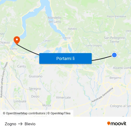 Zogno to Blevio map