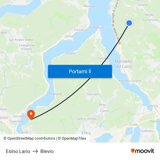 Esino Lario to Blevio map