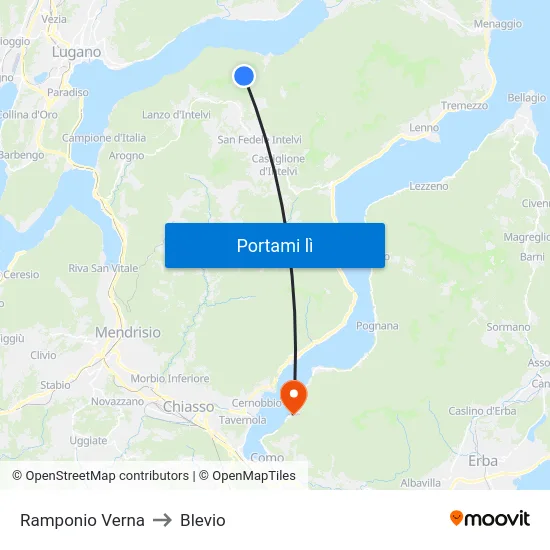 Ramponio Verna to Blevio map