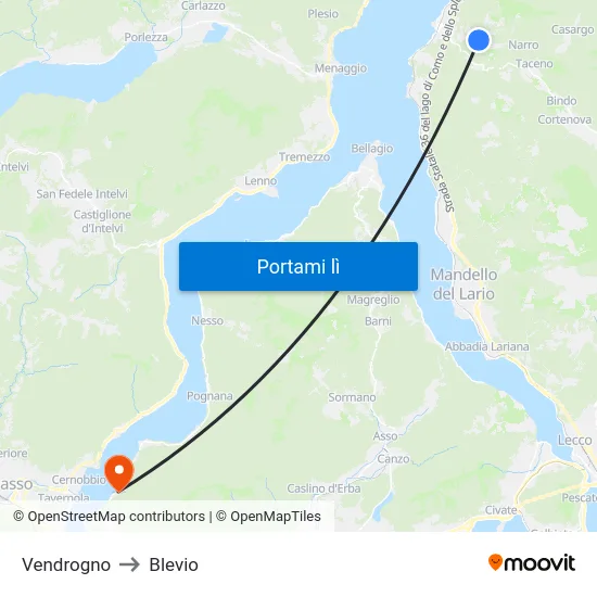 Vendrogno to Blevio map