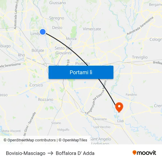 Bovisio-Masciago to Boffalora D' Adda map