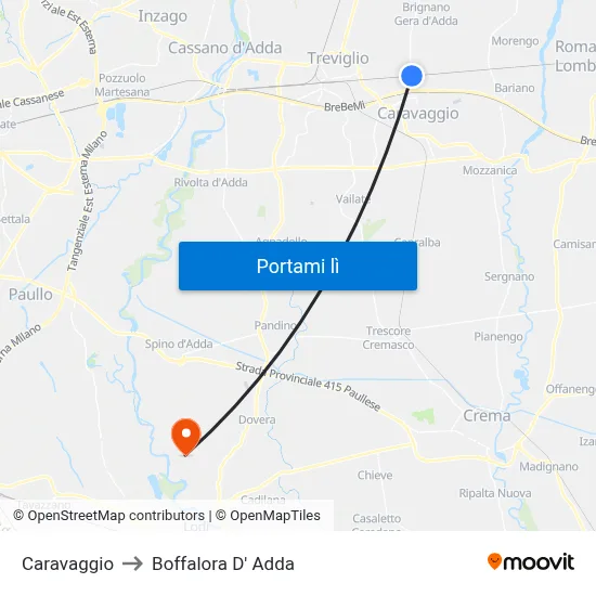 Caravaggio to Boffalora D' Adda map