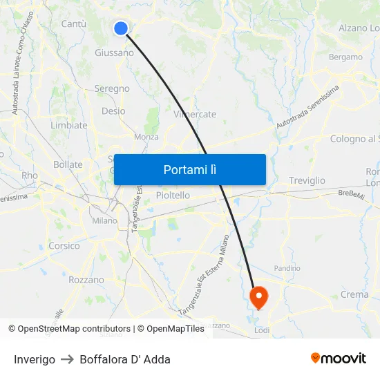 Inverigo to Boffalora D' Adda map