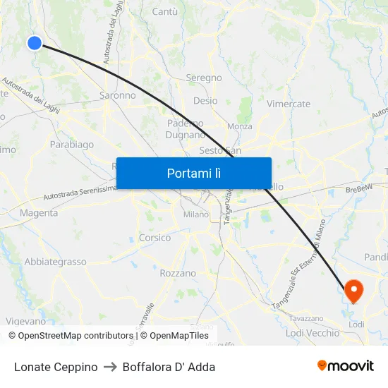 Lonate Ceppino to Boffalora D' Adda map