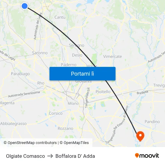 Olgiate Comasco to Boffalora D' Adda map