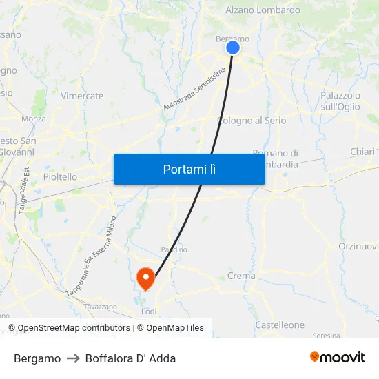 Bergamo to Boffalora D' Adda map