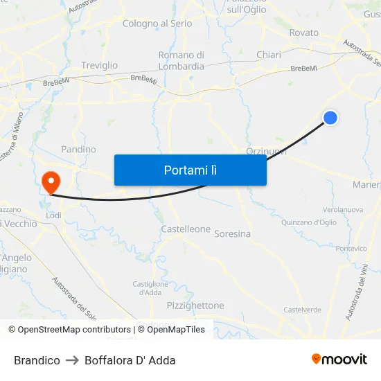 Brandico to Boffalora D' Adda map