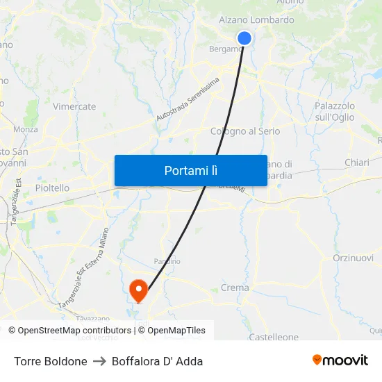 Torre Boldone to Boffalora D' Adda map