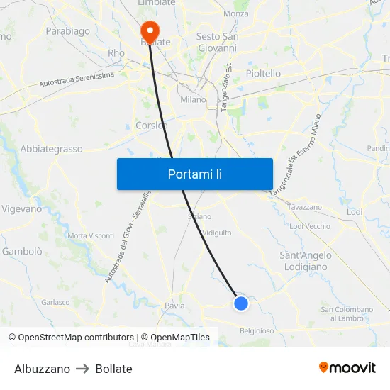 Albuzzano to Bollate map