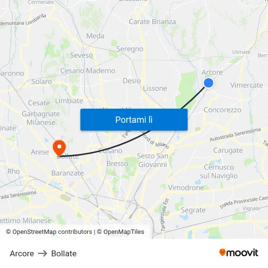 Arcore to Bollate map