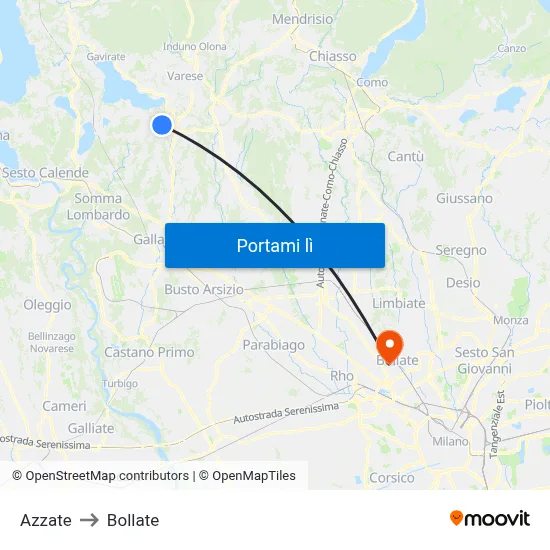 Azzate to Bollate map