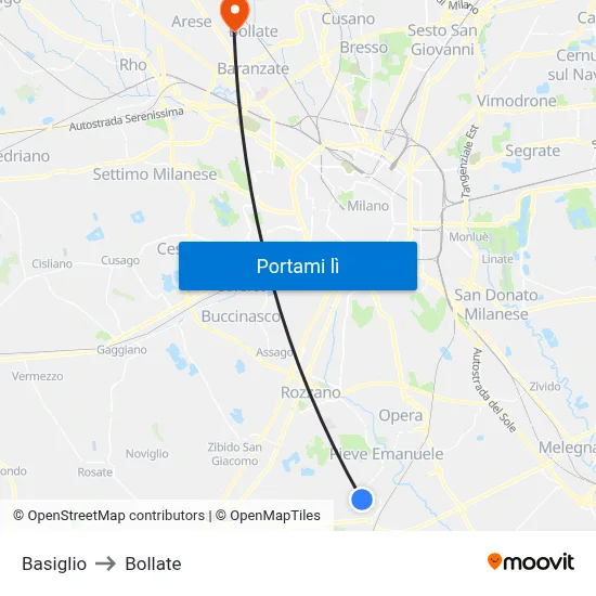 Basiglio to Bollate map