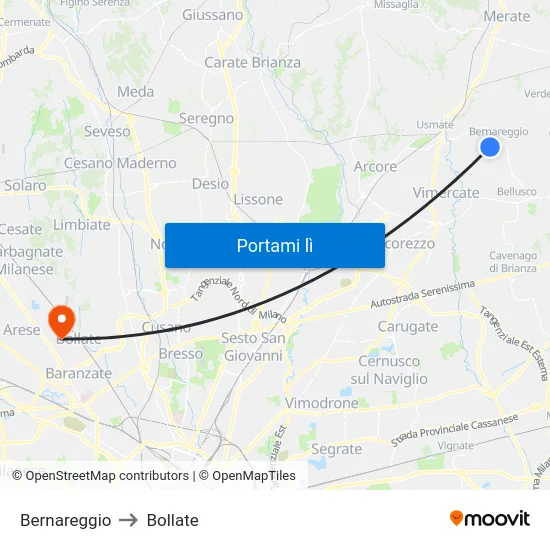 Bernareggio to Bollate map