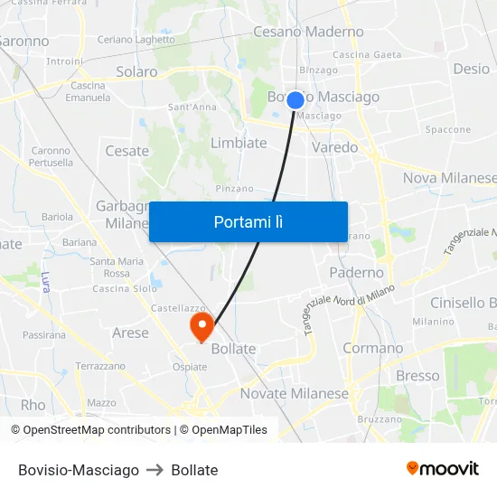 Bovisio-Masciago to Bollate map