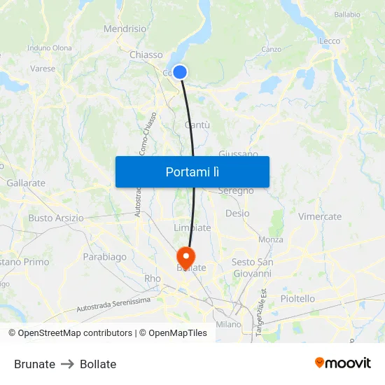 Brunate to Bollate map