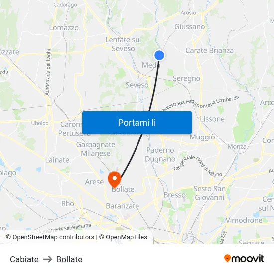 Cabiate to Bollate map