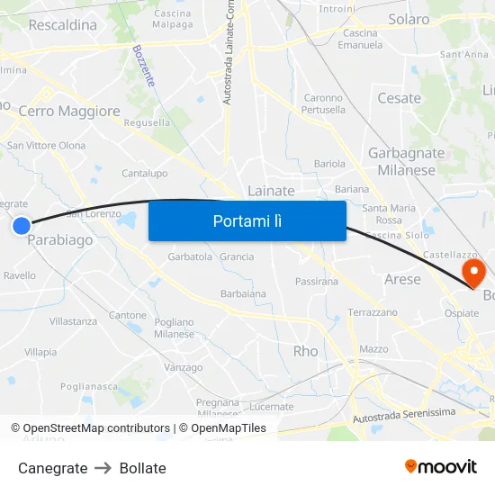 Canegrate to Bollate map