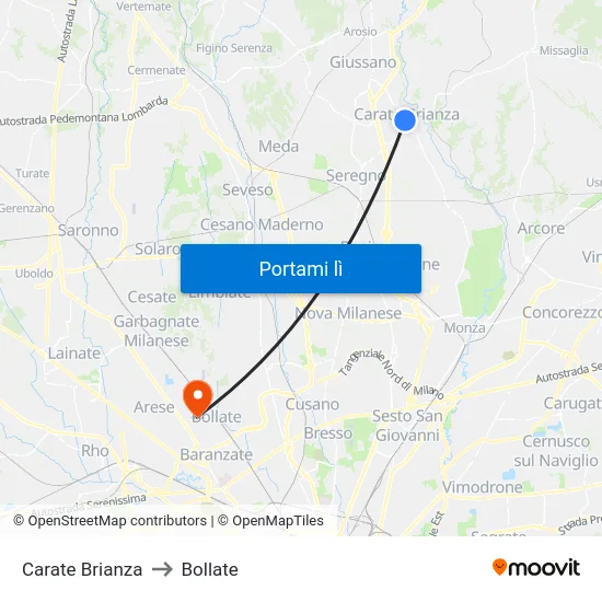 Carate Brianza to Bollate map