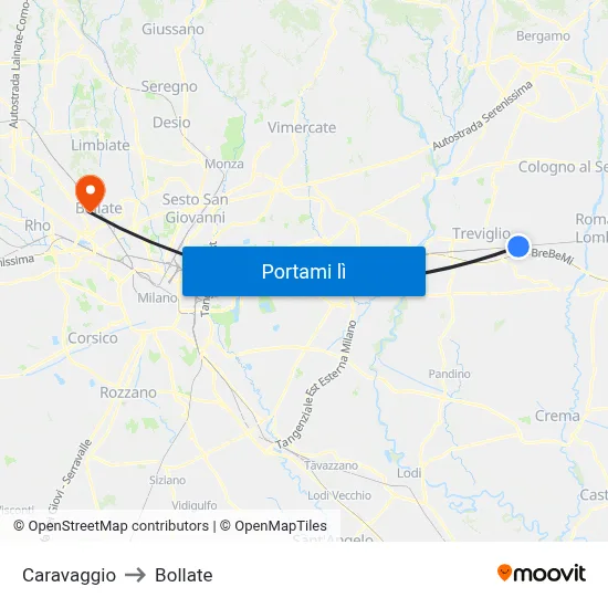 Caravaggio to Bollate map