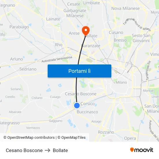 Cesano Boscone to Bollate map