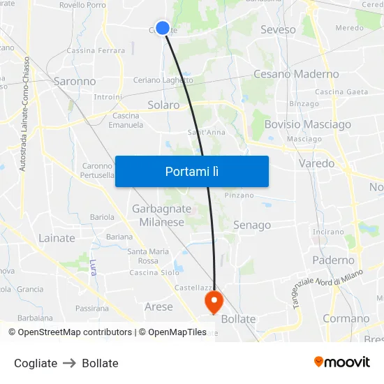Cogliate to Bollate map