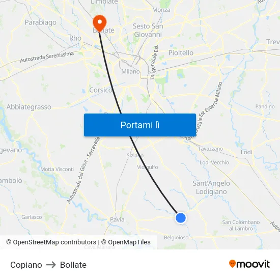 Copiano to Bollate map