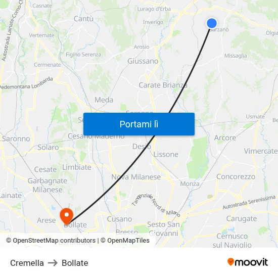 Cremella to Bollate map