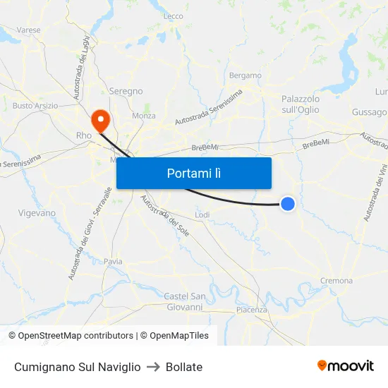 Cumignano Sul Naviglio to Bollate map