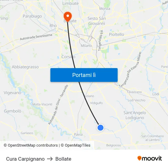 Cura Carpignano to Bollate map